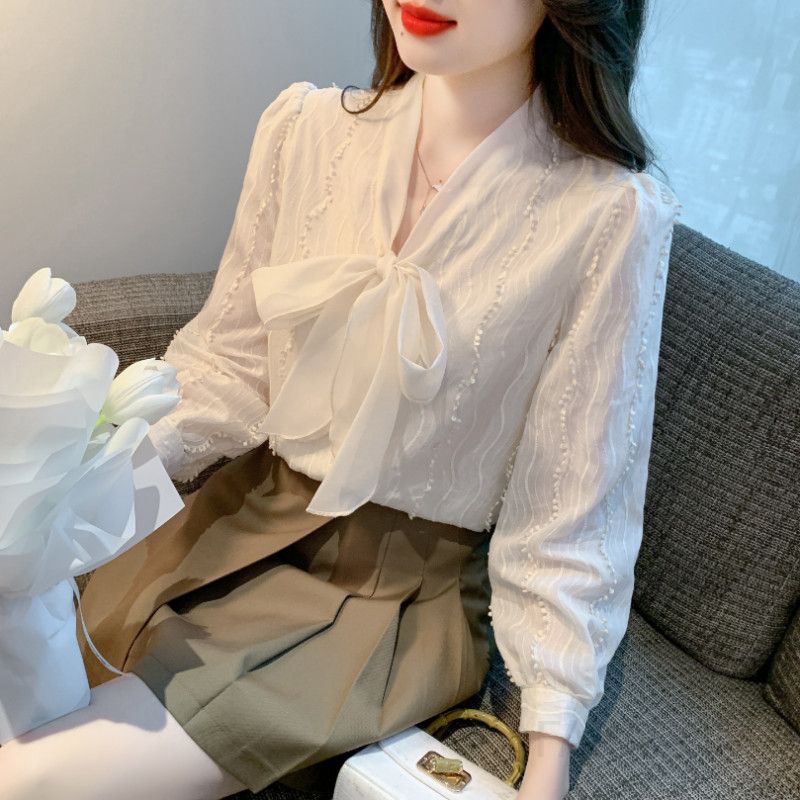 레이스 리본 쉬폰 긴팔 셔츠 여성용 가을 스타일 우아한 데일리 착용감 세련된 디자인 레이어드용 상의 - 상세 이미지 3