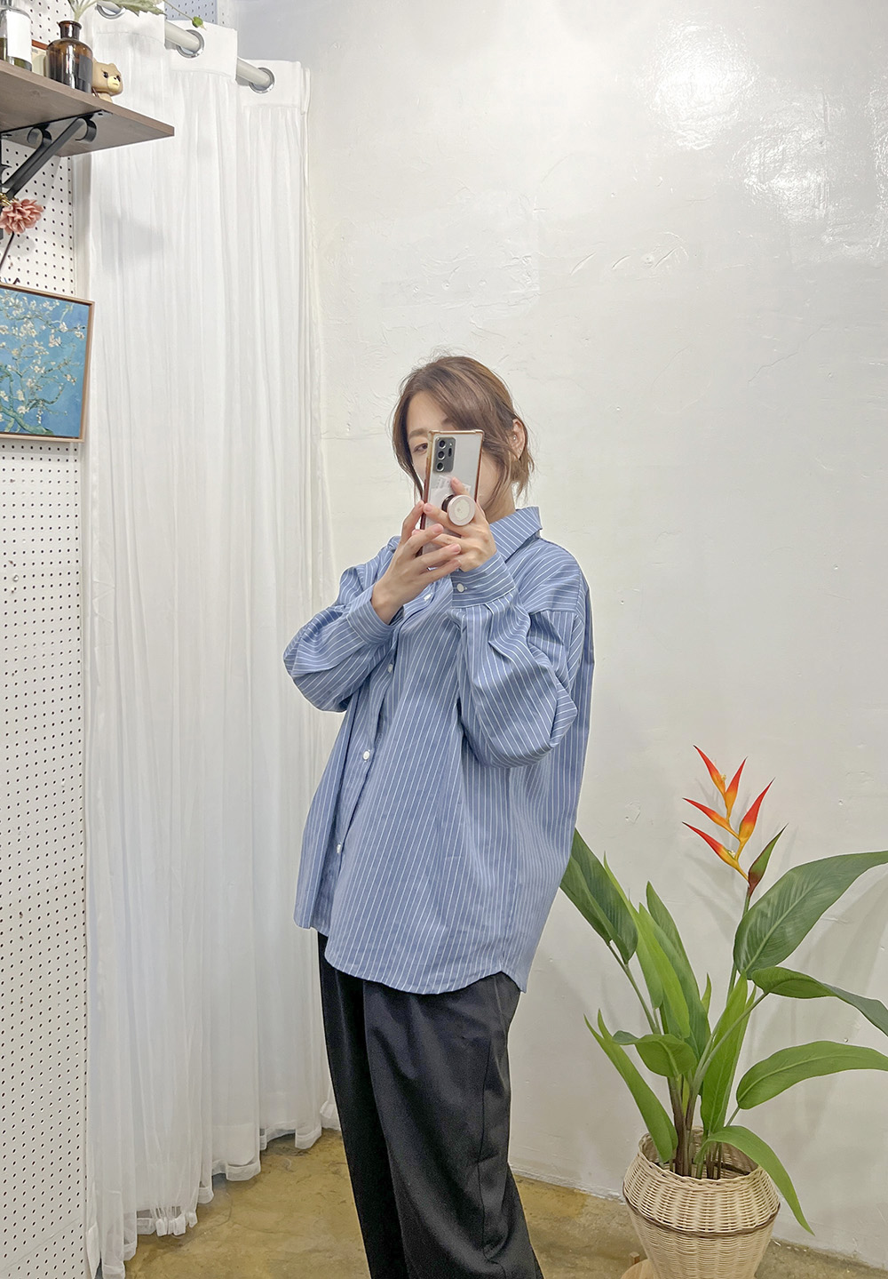 여자 가을 스트라이트 기본 오버핏 셔츠 남방 뷔스티에 세트 - 상세 이미지 4