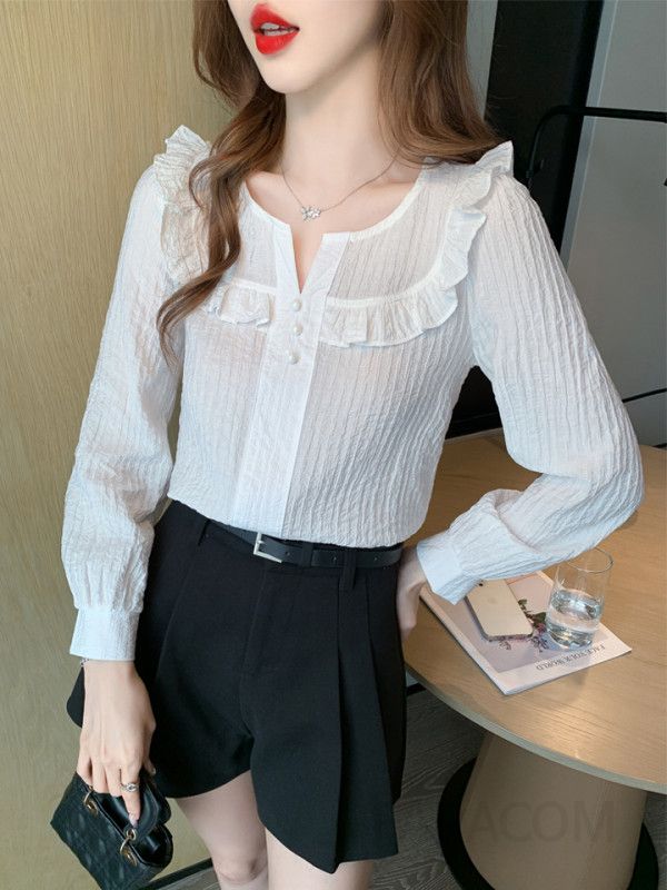 화이트 쉬폰블라우스 여성용 러플 디자인 가을 패션 셔츠 스타일 여름 데일리 착용감 우아한 캐주얼 탑 - 상세 이미지 4