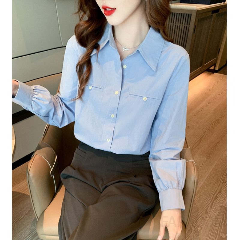 여성 가을 긴팔 캐주얼 셔츠 블루 오버핏 스타일 출퇴근용 데일리 다용도 코튼 모던한 디자인 감각적인 착용감 - 상세 이미지 5