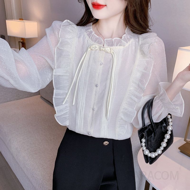 레이스 쉬폰 셔츠 여름 여성 루즈핏 블라우스 고급스러운 디자인 감각 데일리 탑 스타일리시한 패션 아이템 - 상세 이미지 5