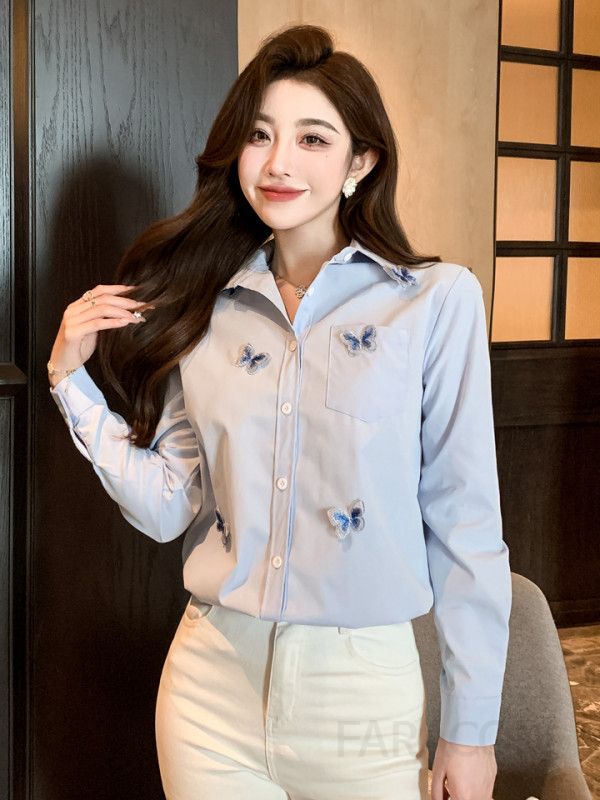 여성 가을 긴팔 루즈핏 캐주얼 셔츠 나비 디자인 니치 홍콩 스타일 코튼 상의 데일리 편안한 착용감 시크한 외출용 - 상세 이미지 4