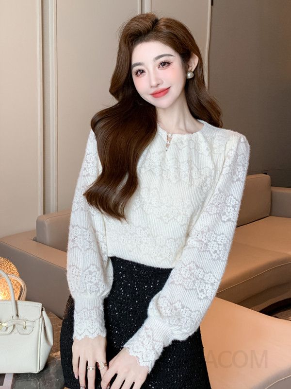 우아한 레이스 라운드넥 긴팔 블라우스 여성 가을 데일리 코디 쉬폰 디자인 감각적인 캐주얼 스타일 편안한 착용감 하객룩 플리츠 - 상세 이미지 4
