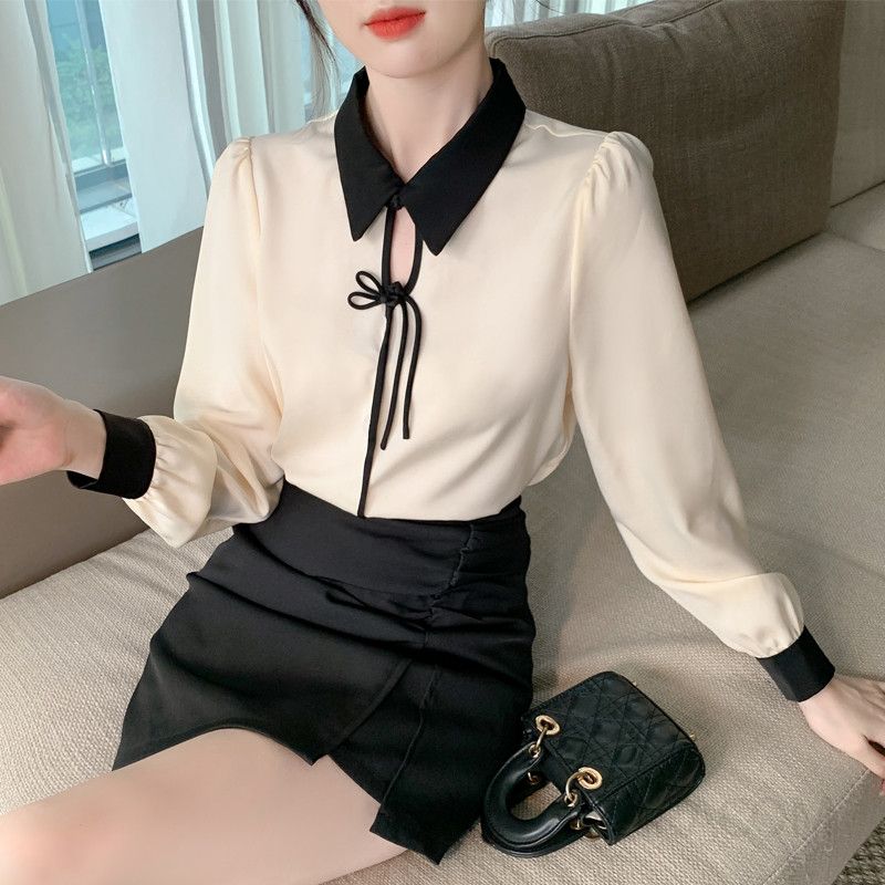 여성 긴팔 새틴 셔츠 가을용 폴로 칼라 스타일 통근용 캐주얼 올매치 탑 구김없는 편안한 착용감 스타일리시한 데일리 - 상품 이미지