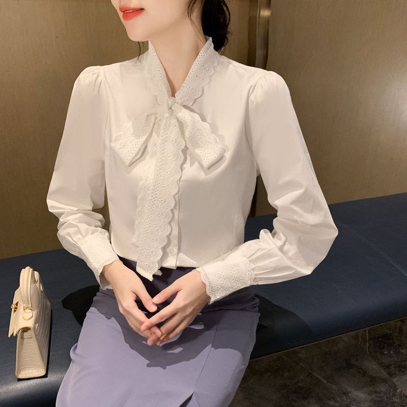 레이스 화이트 블라우스 여성 가을 프랑스산 루즈핏 긴팔 셔츠 스타일 데일리 캐주얼 빈티지 디자인 편안한 착용감 고급스러운 코디 적합 - 상세 이미지 2