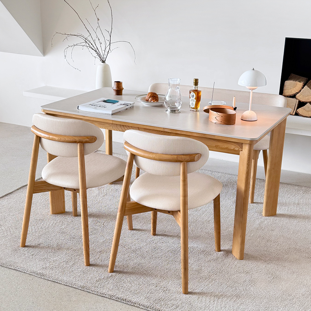 고디 세라믹식탁 세트 4인용 원목 식탁+의자2+벤치1, 1400mm, 내추럴/양면세라믹