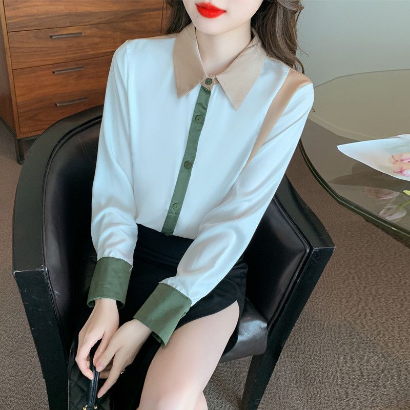 여성 새틴 쉬폰 셔츠 루즈핏 가을 블라우스 고급스러운 슬림핏 긴팔 스타일 데일리 코디 레이어드용 - 상품 이미지