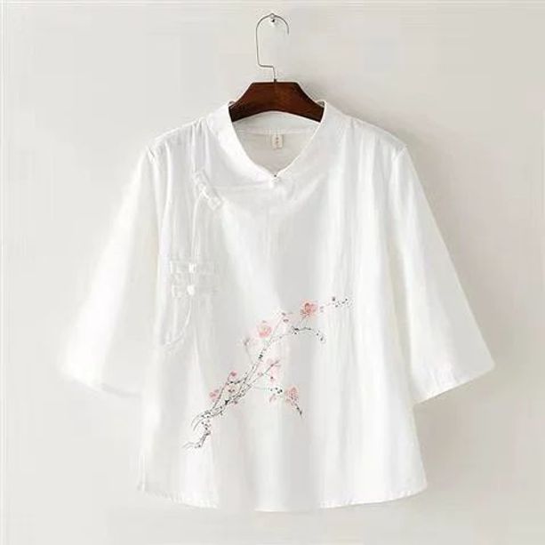 모시 옷 적삼 퓨전 생활 개량 반팔 계량 법복 승복 절조끼 린넨 할머니 원피스 블라우스 화이트 넥플라워 자수 M - 상세 이미지 4