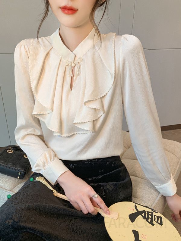 가을 여성 쉬폰 블라우스 루즈핏 단추 포인트 출퇴근용 빈티지 스타일 데일리 상의 편안한 착용감 고급스러운 디자인 - 상세 이미지 5