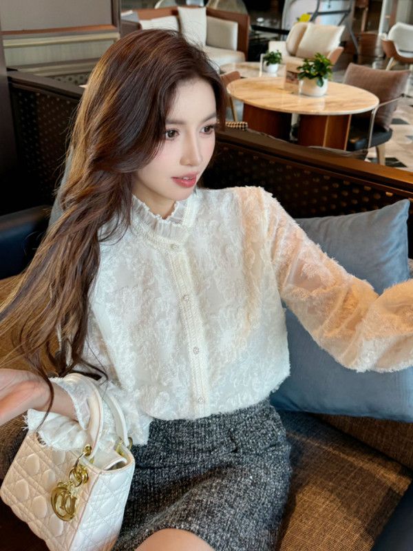 겨울 레이스 하이넥 블라우스 여성용 우아한 이너웨어 스타일 빈티지 매력적인 레이어드 착용감 좋은 긴팔 셔츠 - 상세 이미지 4