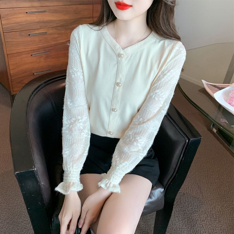 브이넥 레이스 쉬폰 블라우스 여성용 가을 긴팔 셔츠 스타일리시한 데일리룩 하객룩 유니크한 디자인 빈티지 감성 - 상품 이미지
