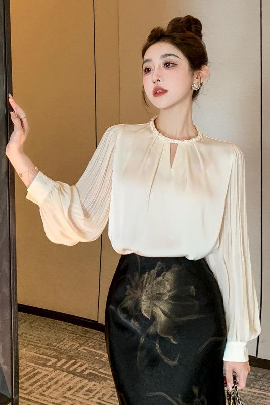 여성 가을 쉬폰 블라우스 플리츠 소매 레트로 스타일 루즈핏 데일리 캐주얼 탑 상의 빈티지 감성 시크한 디자인 이미지 6