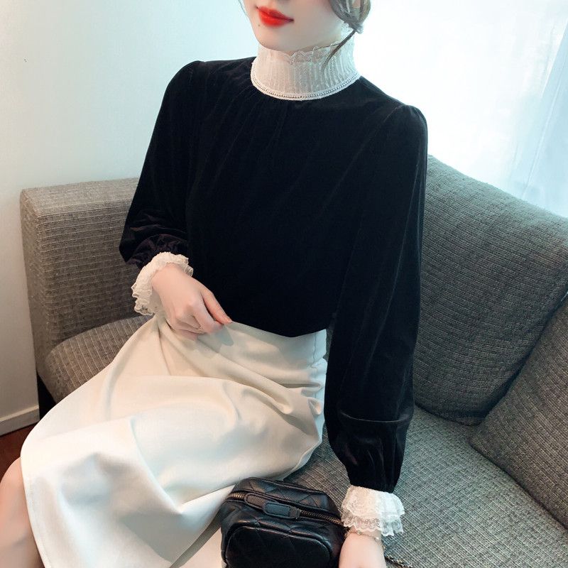 여성 가을 벨벳 셔츠 긴팔 스탠드칼라 스타일리쉬한 데일리 이너웨어 고급스러운 블라우스 하객룩 코디 추천 - 상세 이미지 3
