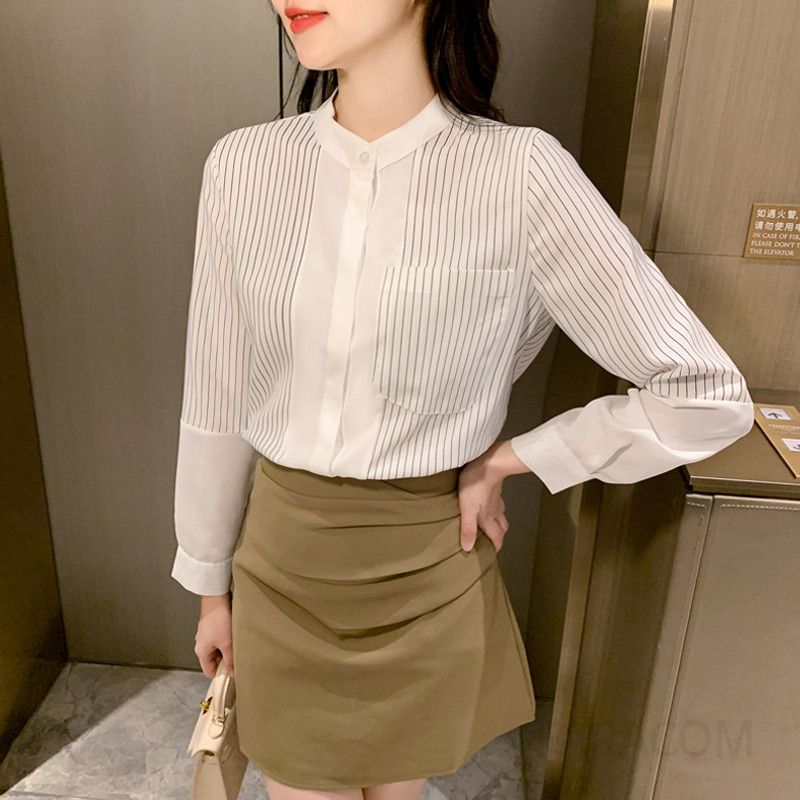 여성 스트라이프 긴팔 셔츠 가을 캐주얼 오버핏 스타일 면 소재 구김없는 편안한 착용감 데일리룩 프로페셔널 디자인 모던한 출근용 정장셔츠 - 상세 이미지 3
