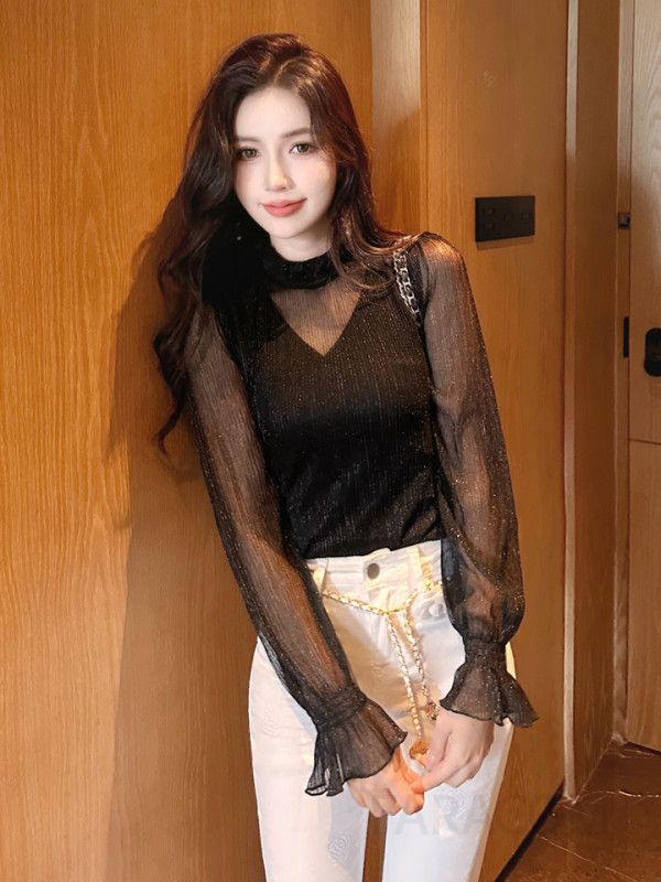 여성 쉬폰 블라우스 긴팔 슬림핏 우아한 스타일 가을 신상 데일리룩 시스루 디자인 매력적인 코디용 - 상세 이미지 4