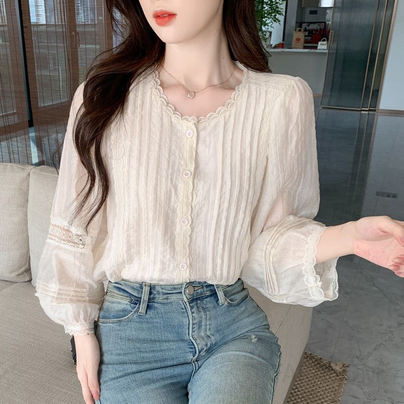 가을 여성 루즈핏 라운드넥 텐셀 레이스 블라우스 프렌치 레트로 스타일 살구색 긴팔 셔츠 빈티지 감성 캐주얼 데일리 착용감 좋은 - 상세 이미지 2