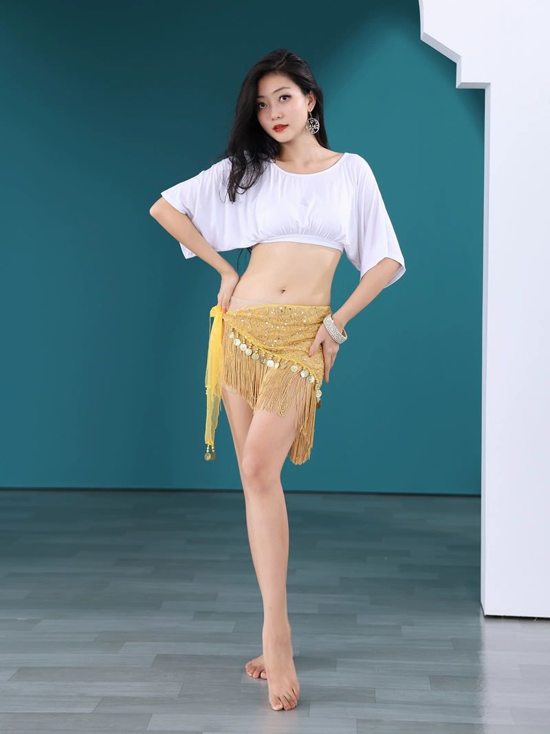 밸리댄스 힙스카프 상하의 세트 스카프 댄스허리체인 공연 댄스웨어 라인댄스 벨리복 밸리 블랙 상의+다홍색 허리 안전 바지 3종 - 상세 이미지 2