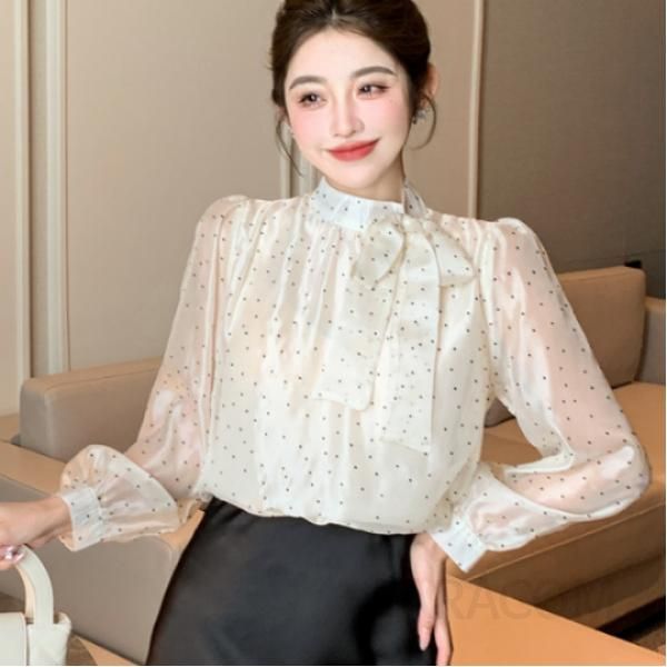 가을 여성 쉬폰 리본 블라우스 도트 패턴 긴팔 셔츠 우아한 데일리 스타일 시스루 레이어드 가능한 캐주얼 상의 - 상품 이미지