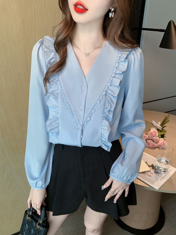 여성 브이넥 쉬폰 셔츠 블라우스 봄 긴팔 프렌치 러플 디자인 데일리 스타일 예쁜 여성 우아한 핏 고급스러운 착용감 - 상세 이미지 3