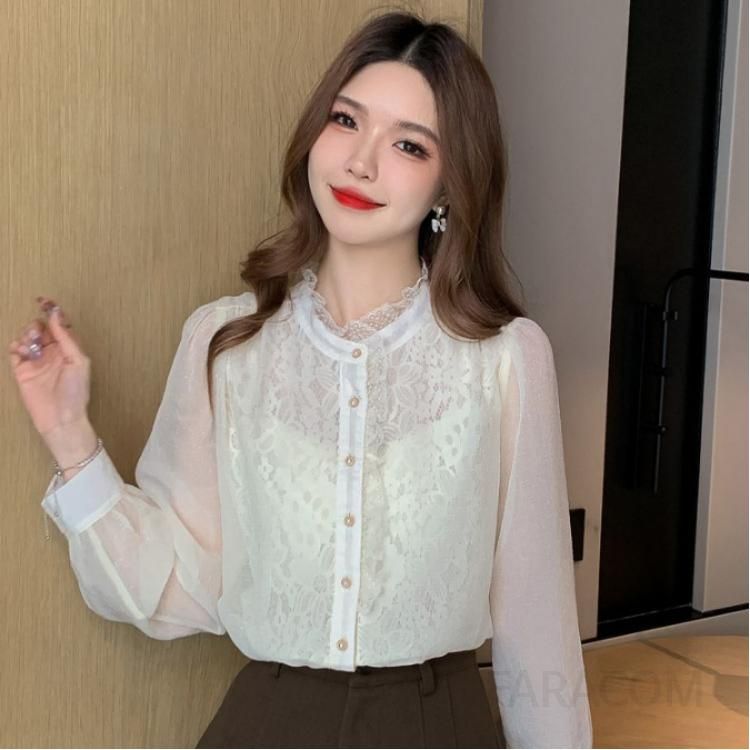레이스 퍼프 슬리브 쉬폰 블라우스 여성용 가을 신상 우아한 디자인 데일리룩 매치 스타일링 결혼식 하객룩 추천 - 메인 이미지