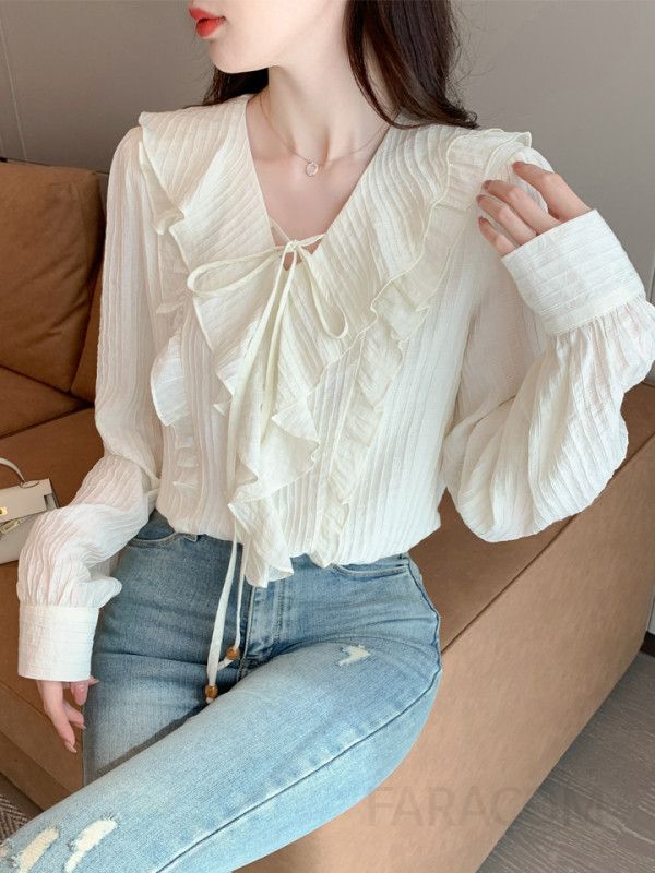 여성 브이넥 러플 긴팔 블라우스 가을 캐주얼 스타일 레이온 소재 루즈핏 셔츠 여성스러운 디자인 편안한 착용감 데일리룩 - 상세 이미지 5