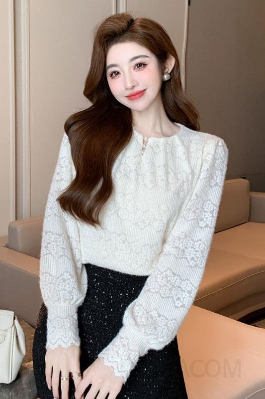 우아한 레이스 라운드넥 긴팔 블라우스 여성 가을 데일리 코디 쉬폰 디자인 감각적인 캐주얼 스타일 편안한 착용감 하객룩 플리츠 이미지 6