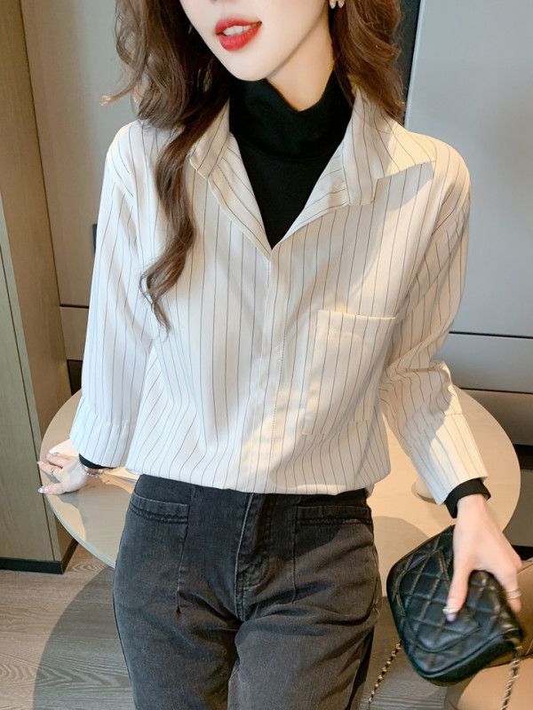 여성 스트라이프 긴팔 셔츠 봄 가을용 오버핏 스타일 데일리 캐주얼한 코튼 소재 구김없는 편안한 착용감 전문가용 통근 - 상세 이미지 4