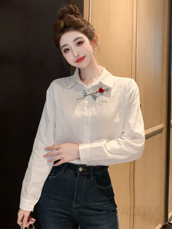 여성 자카드 긴팔 셔츠 플라워 자수 디자인 가을 데일리 캐주얼 스타일 통기성 좋은 코튼 소재 편안한 착용감 모던한 외출용 - 상세 이미지 2
