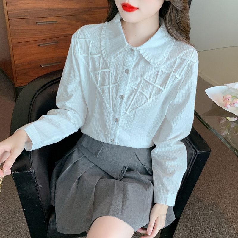 화이트 긴팔 블라우스 여성 가을 스타일리쉬 셔츠 디자인 루즈핏 라운드넥 캐주얼한 데일리 상의 편안한 착용감 모던한 분위기 프렌치 무드 - 상세 이미지 3