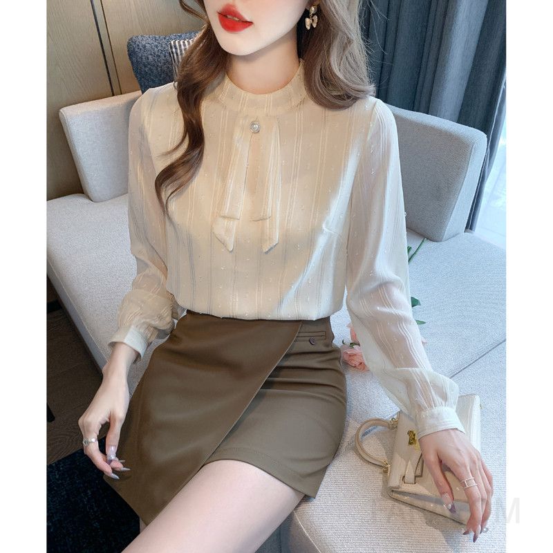 여성 가을 스탠드 칼라 리본 진주 단추 쉬폰 블라우스 우아한 디자인 편안한 착용감 하객룩 데일리룩 활용도 높은 긴팔 셔츠 - 상세 이미지 5