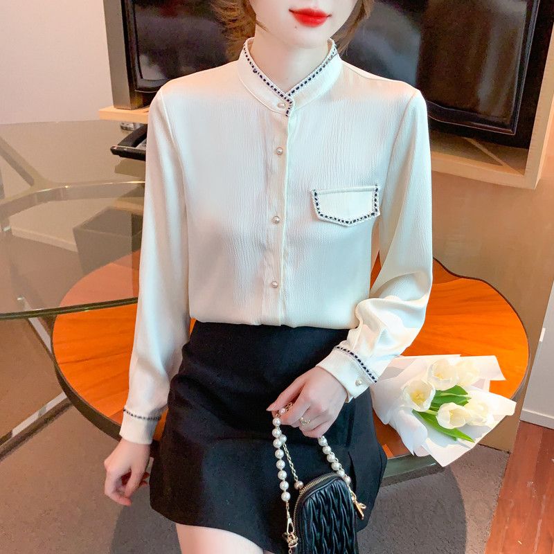 여성용 스탠드 칼라 새틴 쉬폰 블라우스 가을 긴팔 스타일리시 노화 방지 패션 데일리룩 캐주얼룩 모던한 디자인 - 상세 이미지 2