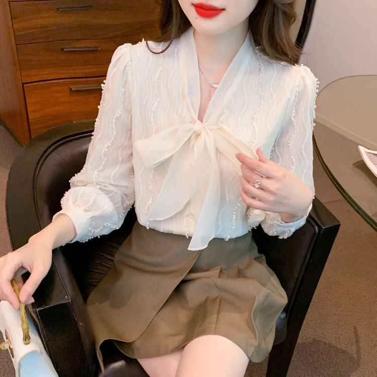 레이스 리본 쉬폰 긴팔 셔츠 여성용 가을 스타일 우아한 데일리 착용감 세련된 디자인 레이어드용 상의 - 상세 이미지 4