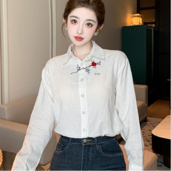 여성 자카드 긴팔 셔츠 플라워 자수 디자인 가을 데일리 캐주얼 스타일 통기성 좋은 코튼 소재 편안한 착용감 모던한 외출용 - 메인 이미지