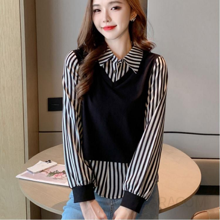스트라이프 긴팔 셔츠 가을 신상 스타일 캐주얼 오버핏 편안한 착용감 통근룩 프로페셔널한 디자인 - 메인 이미지