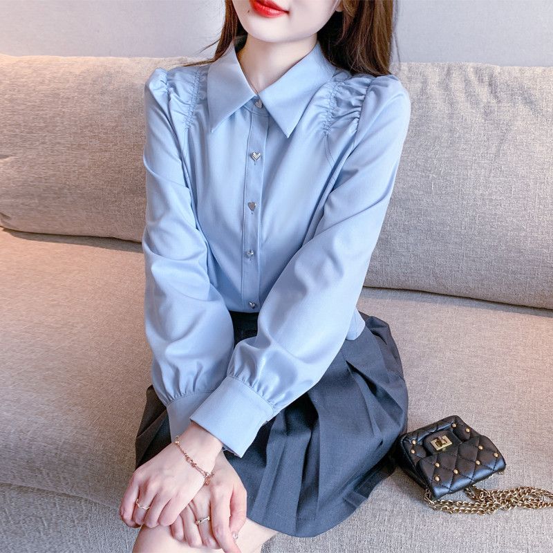 여성 긴팔 셔츠 프렌치 스타일 레이어드 블루 코튼 캐주얼 오버핏 가을 데일리 셔츠 구김없는 편안한 착용감 스타일리시한 디자인 - 상품 이미지