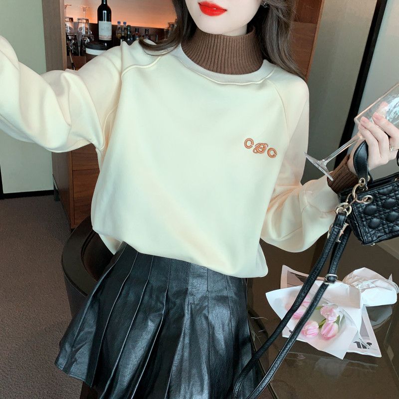 여성 하이넥 루즈핏 긴팔 스웨트셔츠 가짜 투피스 스타일 데일리 티셔츠 캐주얼 레이어드룩 편안한 착용감 가벼운 외출용 다용도 상의 - 상세 이미지 4