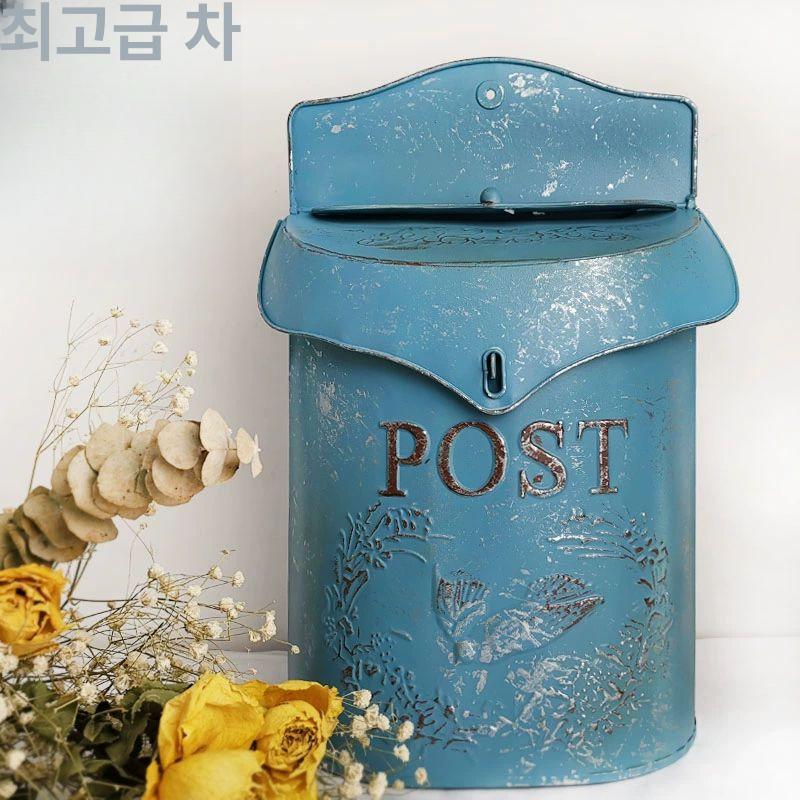 전원주택 철제 우체통 편지함 방수 대형 야외 포스트박스 엔틱 장식소품 카페 블루 - 상세 이미지 2