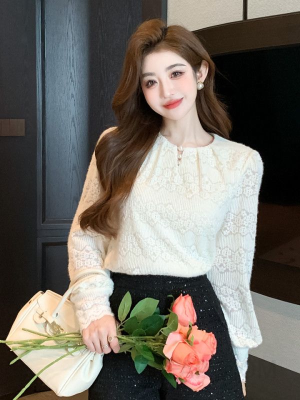 우아한 레이스 라운드넥 긴팔 블라우스 여성 가을 데일리 코디 쉬폰 디자인 감각적인 캐주얼 스타일 편안한 착용감 하객룩 플리츠 - 상세 이미지 3