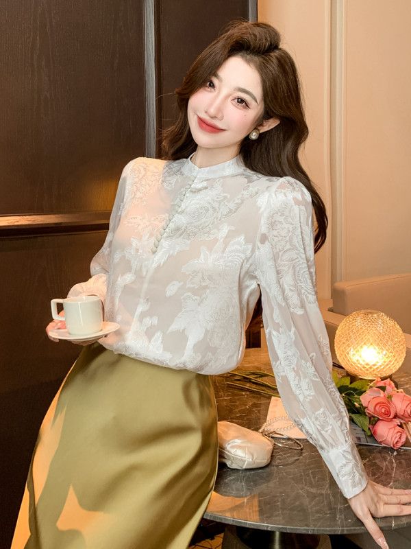 가을 여성 쉬폰 자카드 긴팔 블라우스 민족풍 디자인 고급스러운 캐주얼 상의 편안한 착용감 데일리룩 스타일링 - 상세 이미지 3