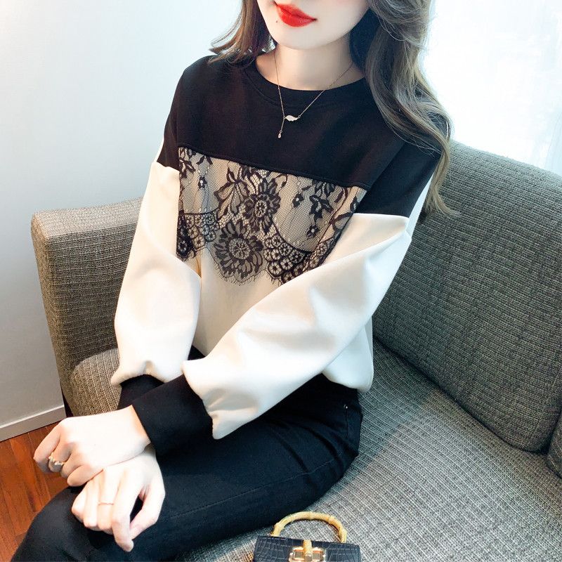 긴팔 라운드넥 여성 스웨트셔츠 레이스 스플라이싱 캐주얼 스타일 데일리 착용감 좋은 긴팔티셔츠 모던한 디자인 다용도 활용 가능 패션 아이템 - 상품 이미지