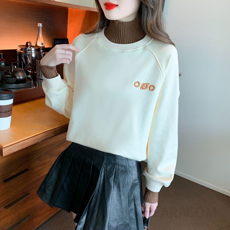 여성 하이넥 루즈핏 긴팔 스웨트셔츠 가짜 투피스 스타일 데일리 티셔츠 캐주얼 레이어드룩 편안한 착용감 가벼운 외출용 다용도 상의 - 상품 이미지