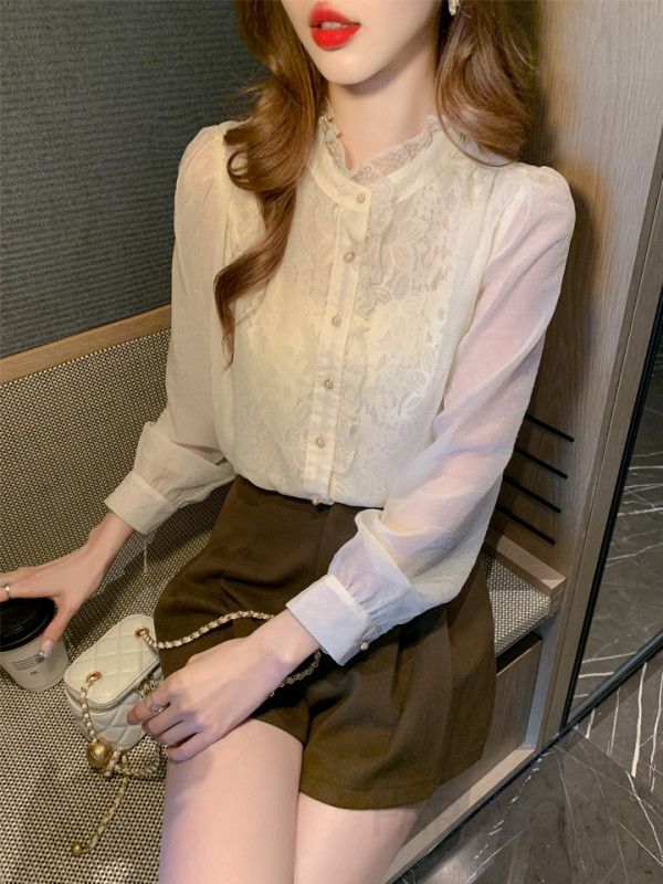 레이스 퍼프 슬리브 쉬폰 블라우스 여성용 가을 신상 우아한 디자인 데일리룩 매치 스타일링 결혼식 하객룩 추천 - 상세 이미지 3