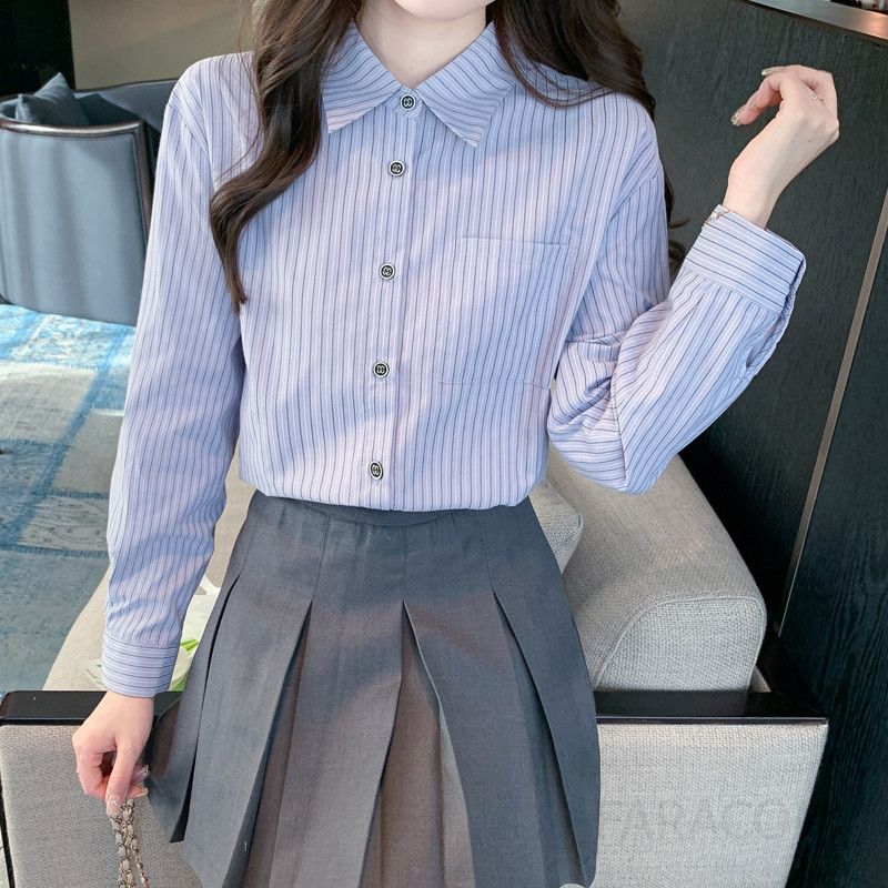 여성 가을 긴팔 스트라이프 셔츠 스타일리시한 캐주얼 남방 편안한 착용감 데일리룩 오버핏 활용도 높은 디자인 - 상세 이미지 5