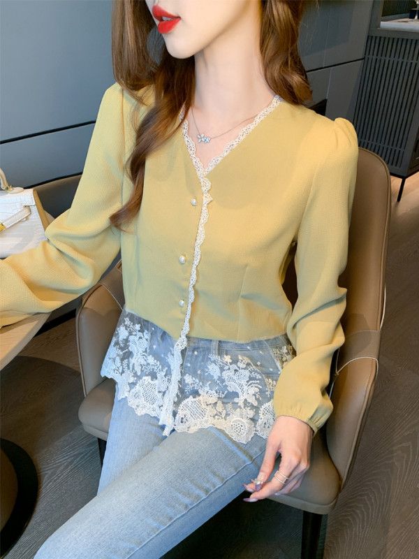 레이스 패치워크 슬림핏 블라우스 가을 여성용 프렌치 스타일 셔츠 우아한 디자인 긴팔 고급스러운 분위기 데일리룩 - 상세 이미지 2