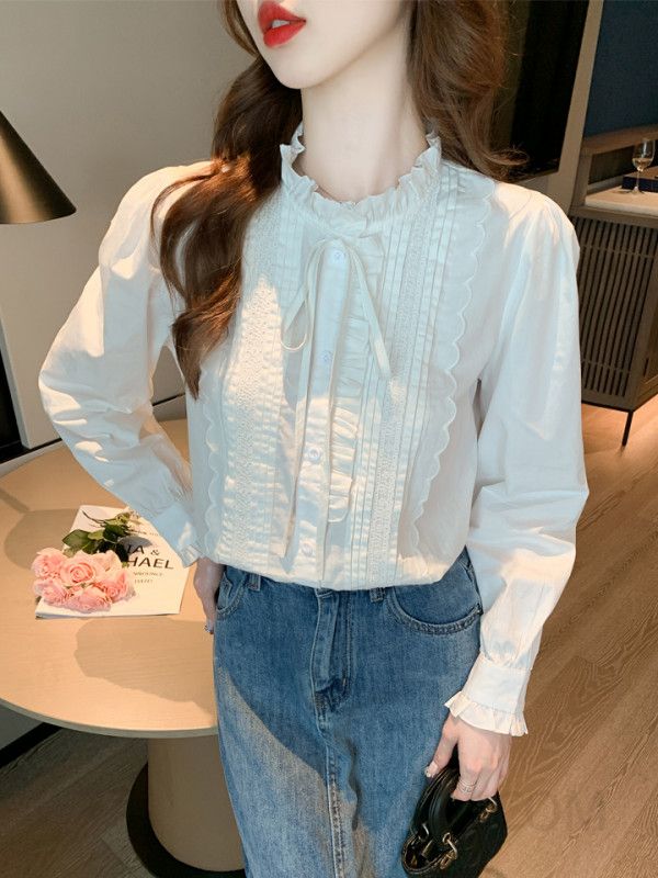 화이트 레이스 러플 셔츠 여성 가을 긴팔 블라우스 스타일리시한 오피스룩 데일리 코디 쉬폰 느낌의 세련된 디자인 - 상세 이미지 4