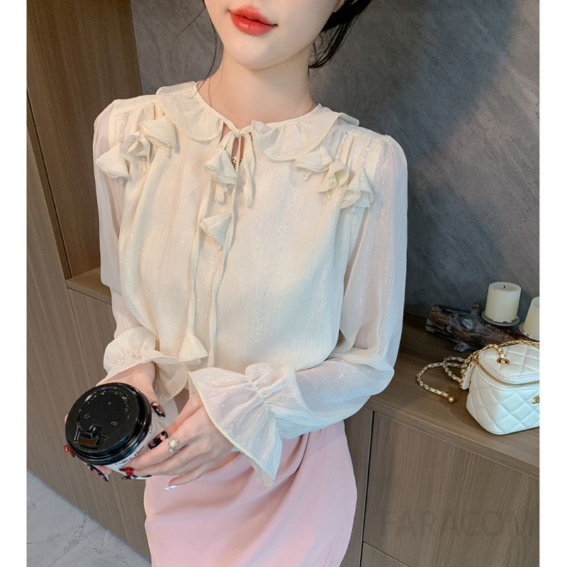 여성 프렌치 러플 쉬폰 블라우스 가을 레이스 긴팔 데일리 루즈핏 우아한 스타일 통근용 고급스러운 착용감 - 상세 이미지 3
