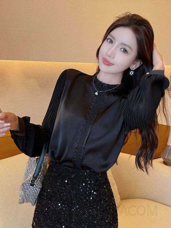 여성 플리츠 쉬폰 셔츠 가을용 루즈핏 긴팔 블라우스 고급스러운 스타일 부드러운 착용감 데일리 코디 하객룩으로 적합 - 상세 이미지 2