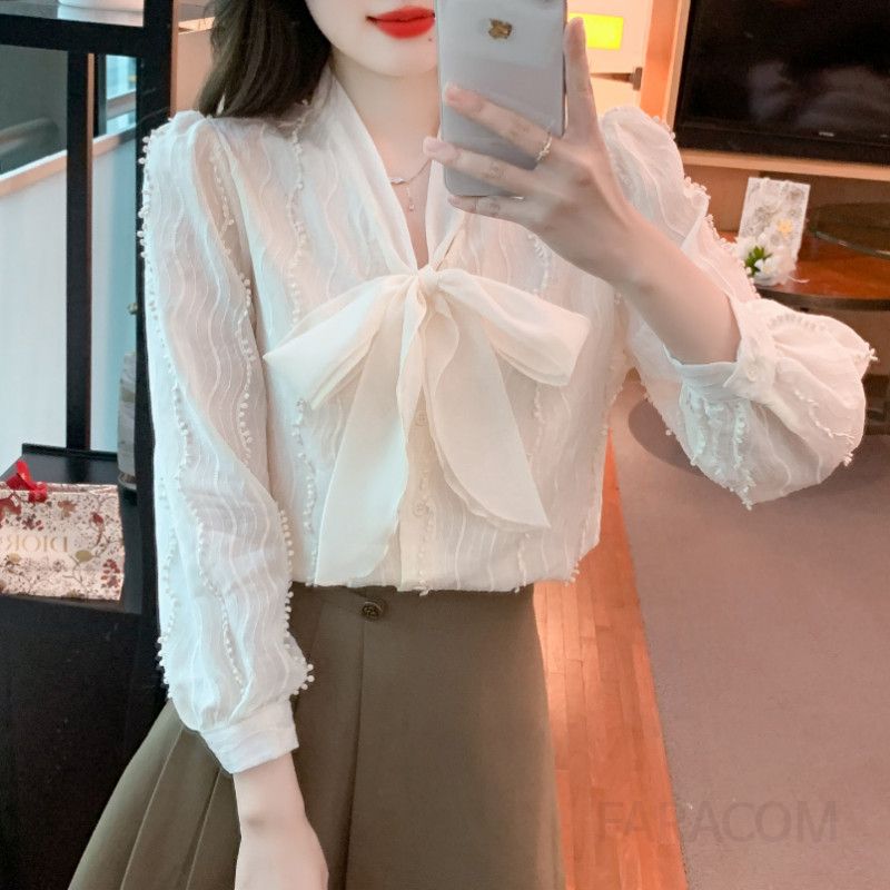 레이스 리본 쉬폰 긴팔 셔츠 여성용 가을 스타일 우아한 데일리 착용감 세련된 디자인 레이어드용 상의 - 상세 이미지 5
