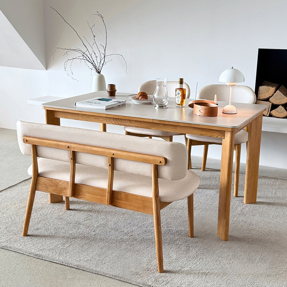 고디 세라믹식탁 세트 4인용 원목 식탁+의자2+벤치1, 1400mm, 내추럴/양면세라믹