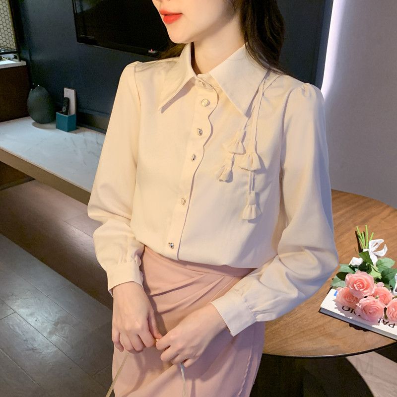 여성 쉬폰 블라우스 가을 루즈핏 플라워 패턴 통기성 좋은 데일리 셔츠 스타일리시한 디자인 오피스룩 - 상세 이미지 4